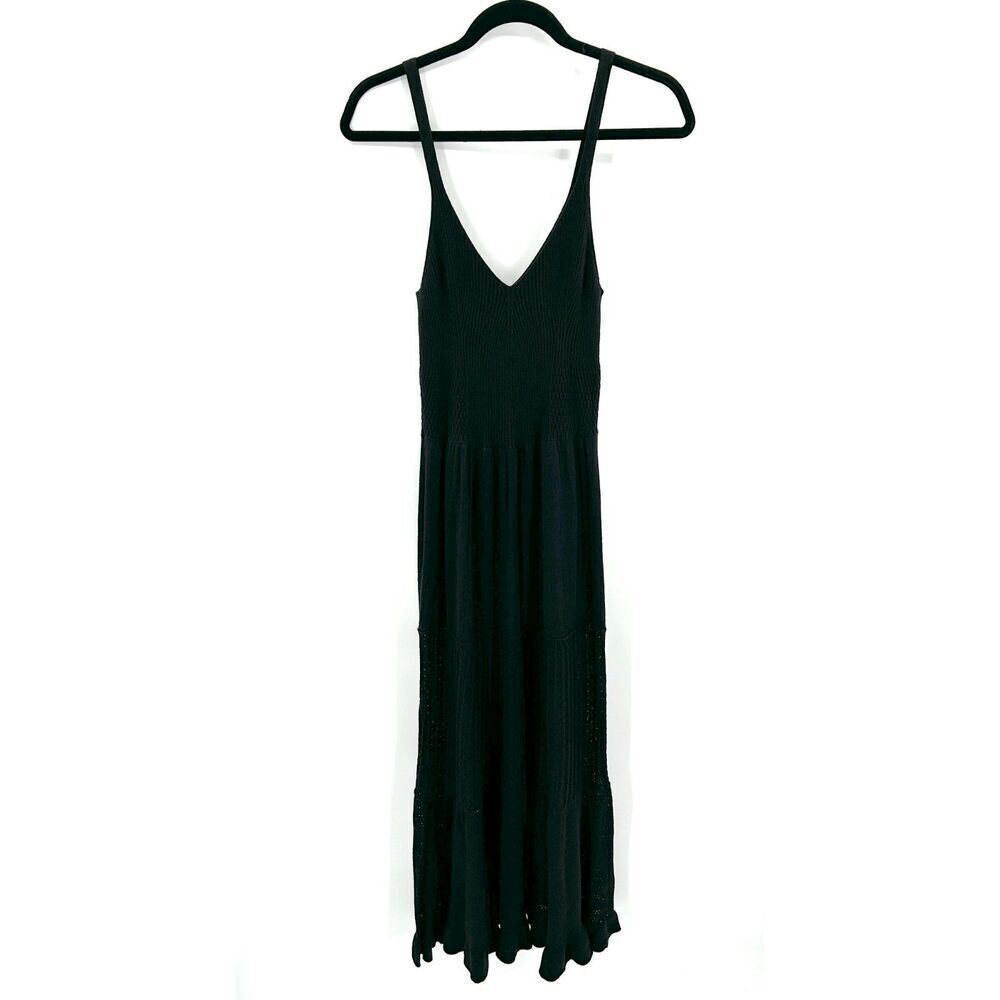 REBECCA TAYLOR La Vie Black Ribbed Linen Knit V-Neck Tiered Maxi Dress Medium